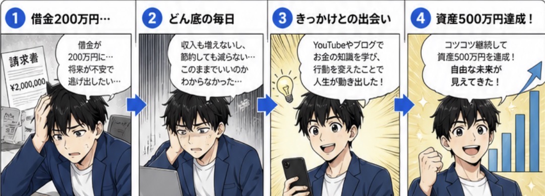 4コマでわかるお金の判断ミス：借金200万円→どん底の毎日→きっかけとの出会い→立て直しの一歩